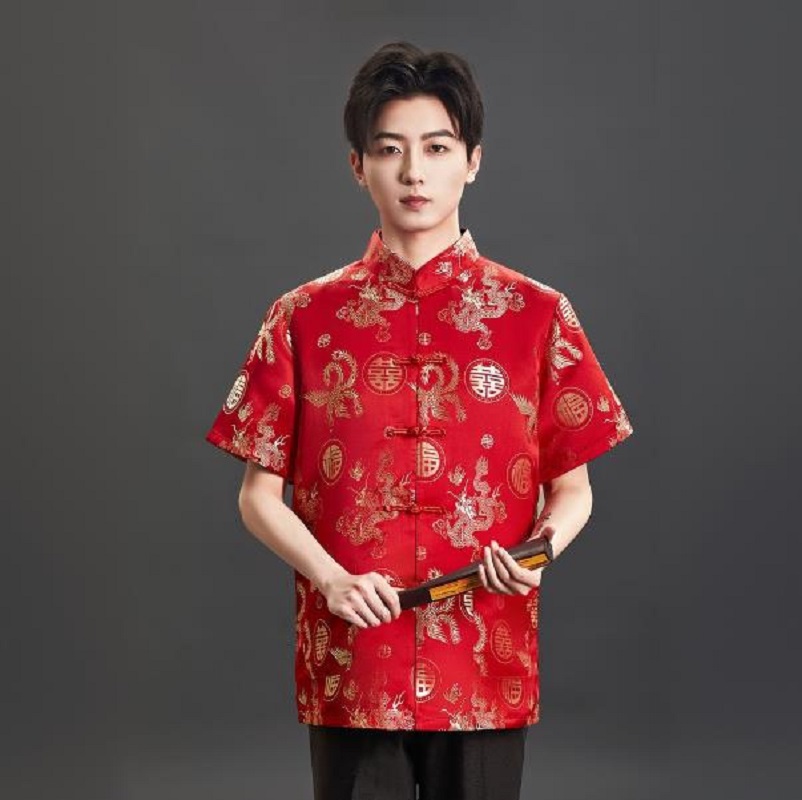 Mens Satin Silk Dress Shirt - Kaos Lengan Pendek Pria dengan Bordir
