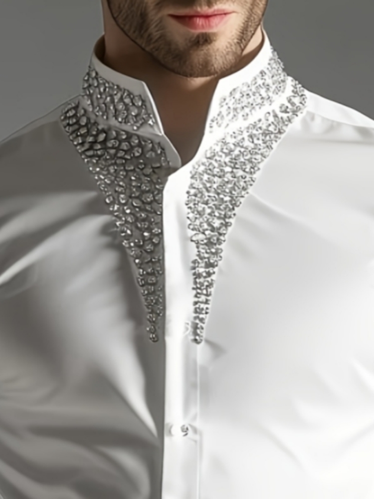 Kemeja Mewah Berhias Berlian I - Mandarin Collar Formal Shirt Slim Fit ulasan dan harga