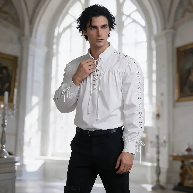 Kemeja Bajak Laut Abad Perteng - Medieval Gothic Lace Up Pirate Shirt ulasan dan harga