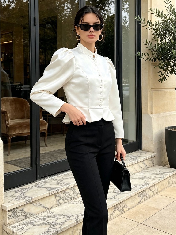 Blus Peplum Lengan Panjang Bah - Mandarin Collar Formal Shirt Slim Fit ulasan dan harga